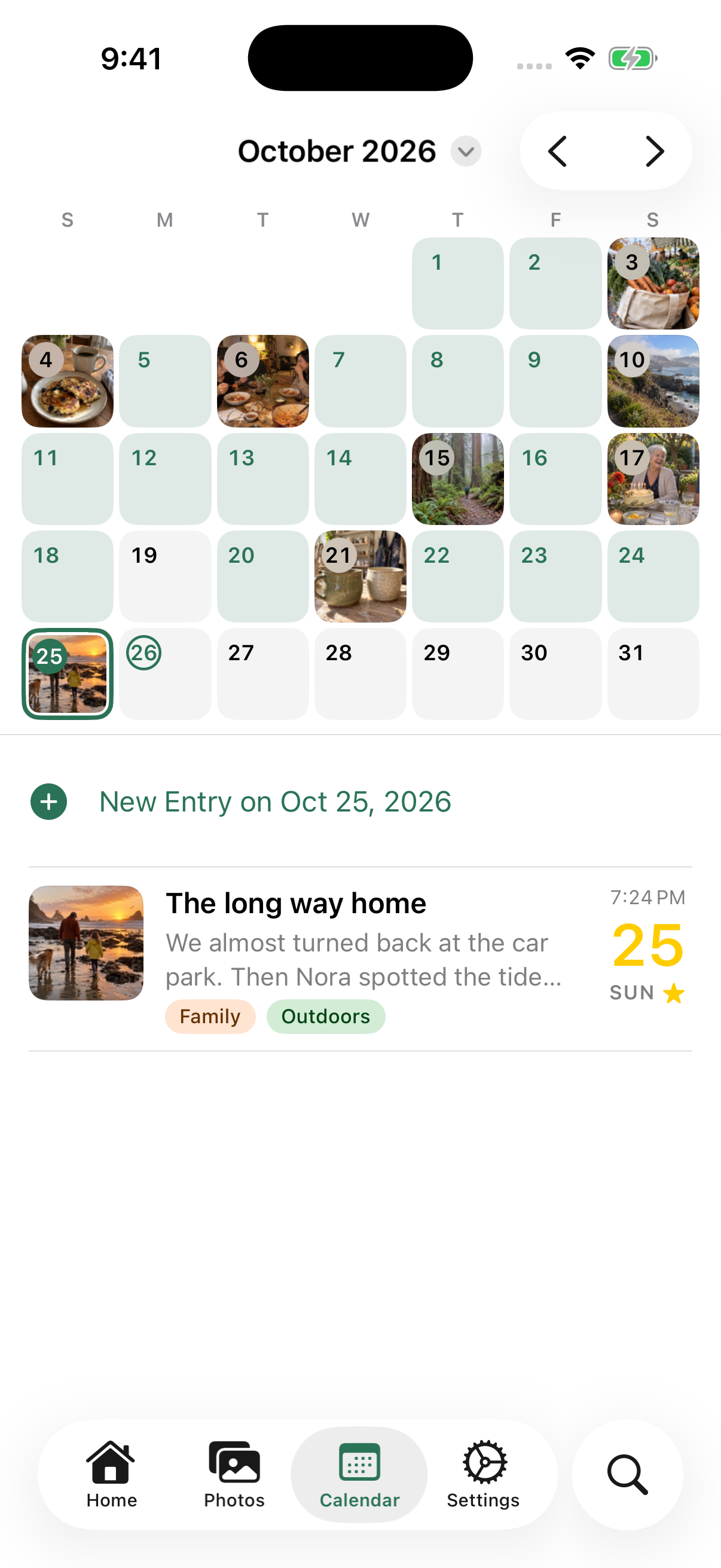 MemScape visual October calendar with photo tiles for family meals, travel, a birthday and a beach walk