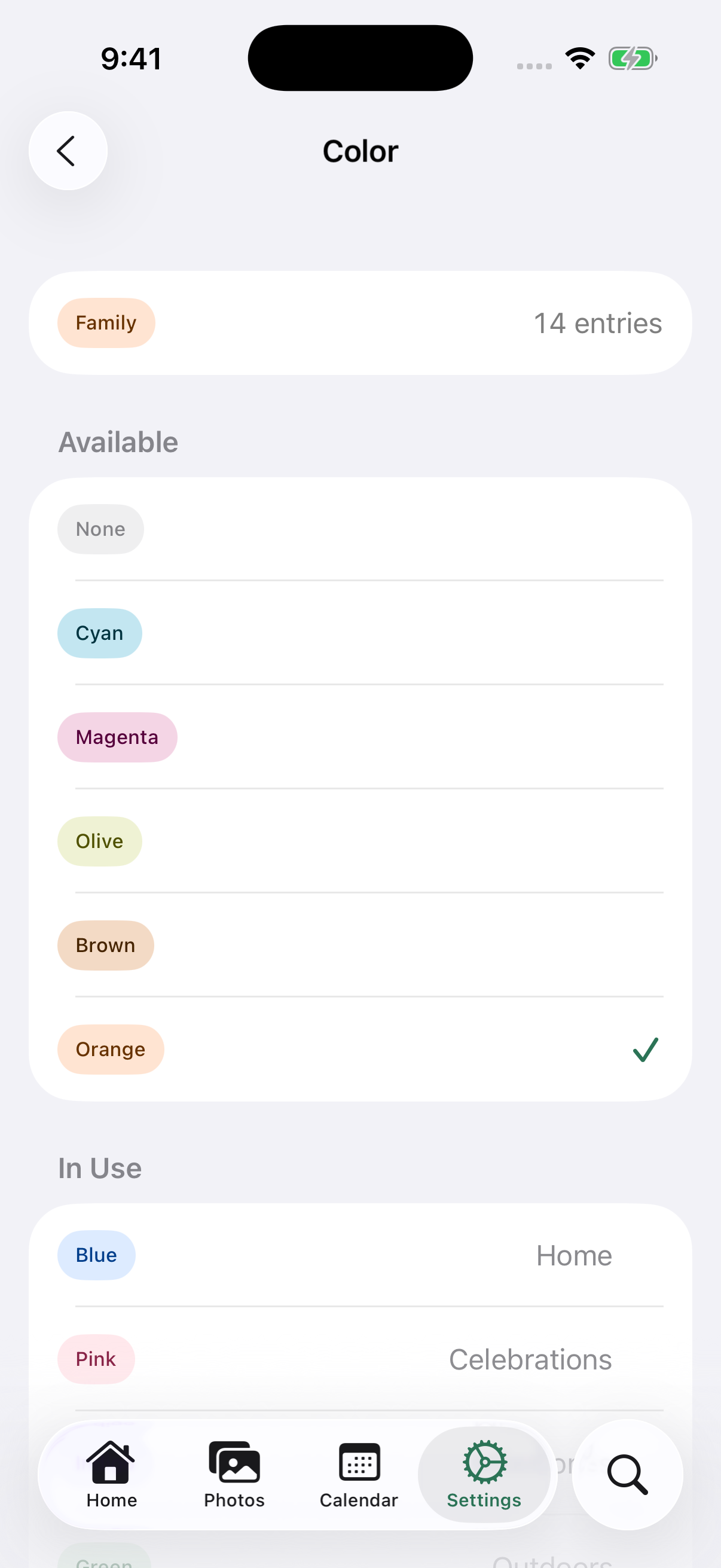 MemScape tag Color settings with the available palette and colors already in use