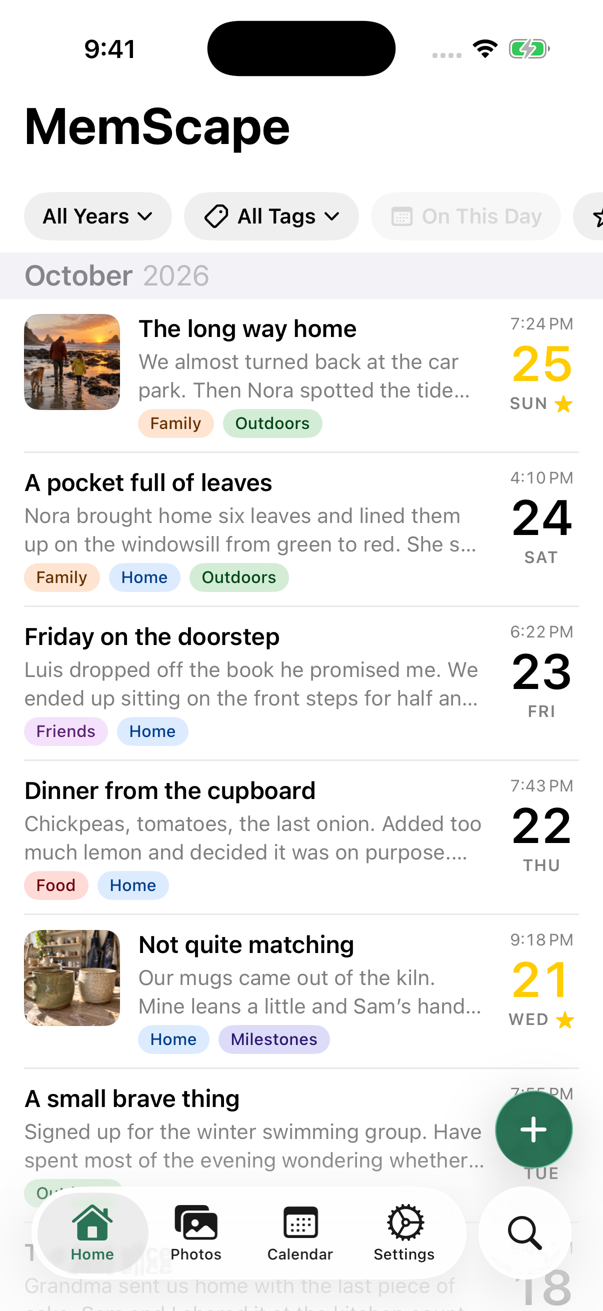 MemScape Home timeline with fictional family memories and colored tags