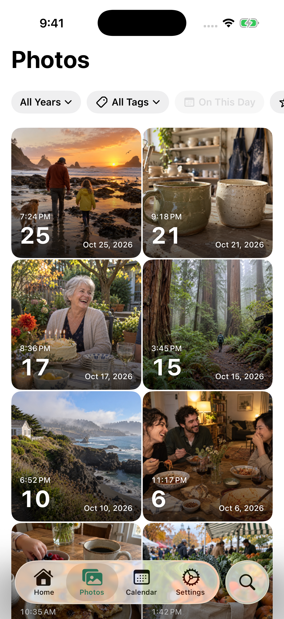 MemScape Photos grid with beach, birthday, redwood trail, food and travel memories